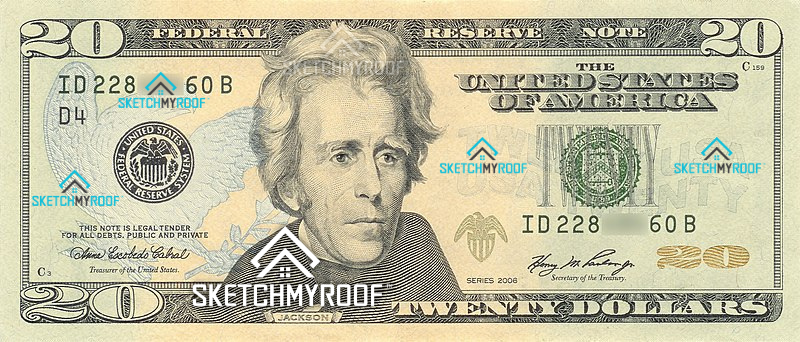 SketchMyRoof branded $20 bill representing affordable roof measurements