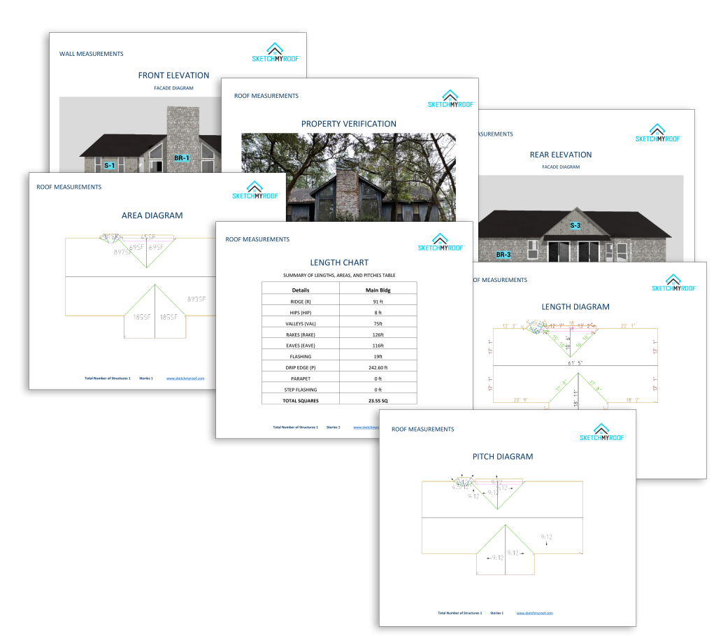 Sample roof and wall measurement reports from Sketch My Roof